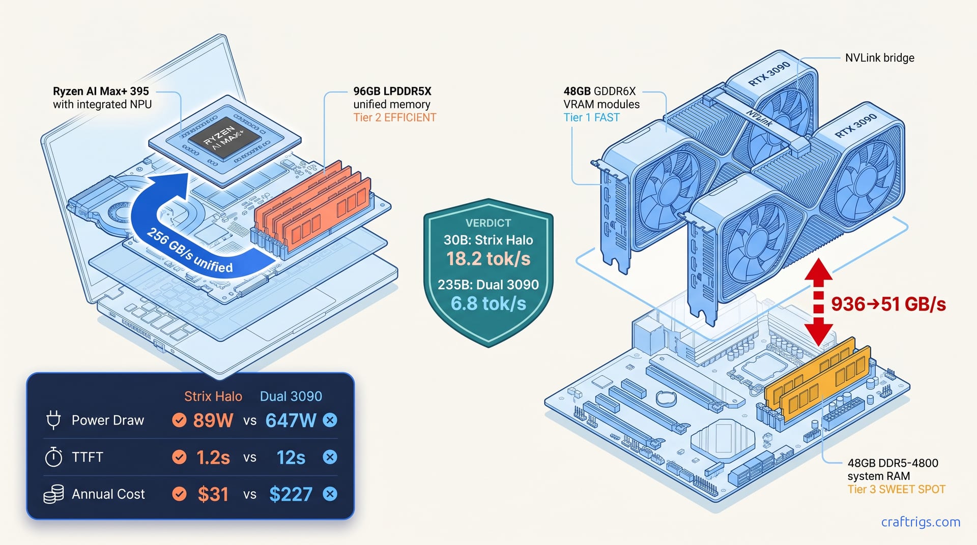 Hero diagram for $2,500 Strix Halo vs Dual 3090 MoE Rig — Which One Actually Runs Qwen3-235B