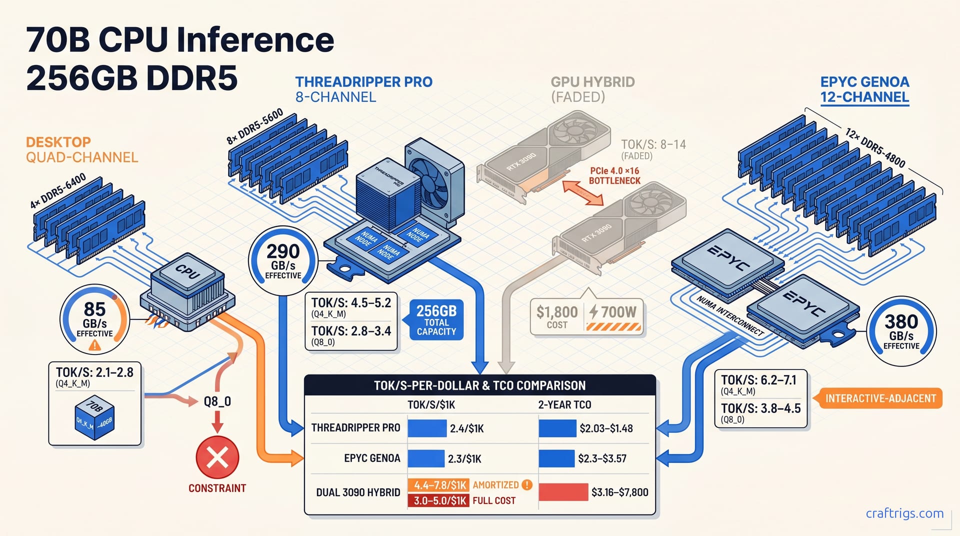 70B CPU Inference: 2–7 tok/s Without Buying GPUs — diagram