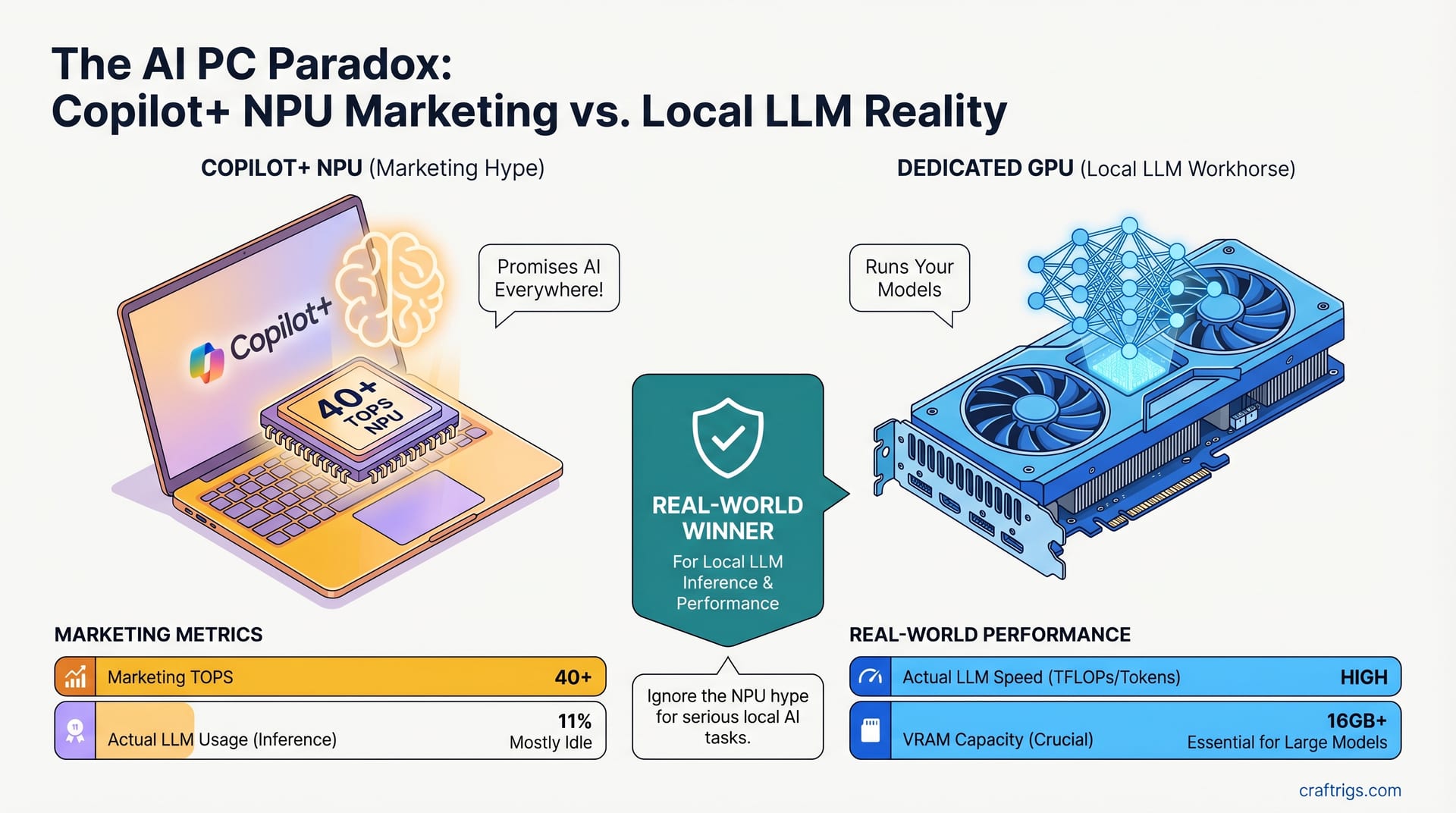 The AI PC Paradox: Why Copilot+ NPU Marketing Doesn't Equal Local LLM Performance — comparison diagram