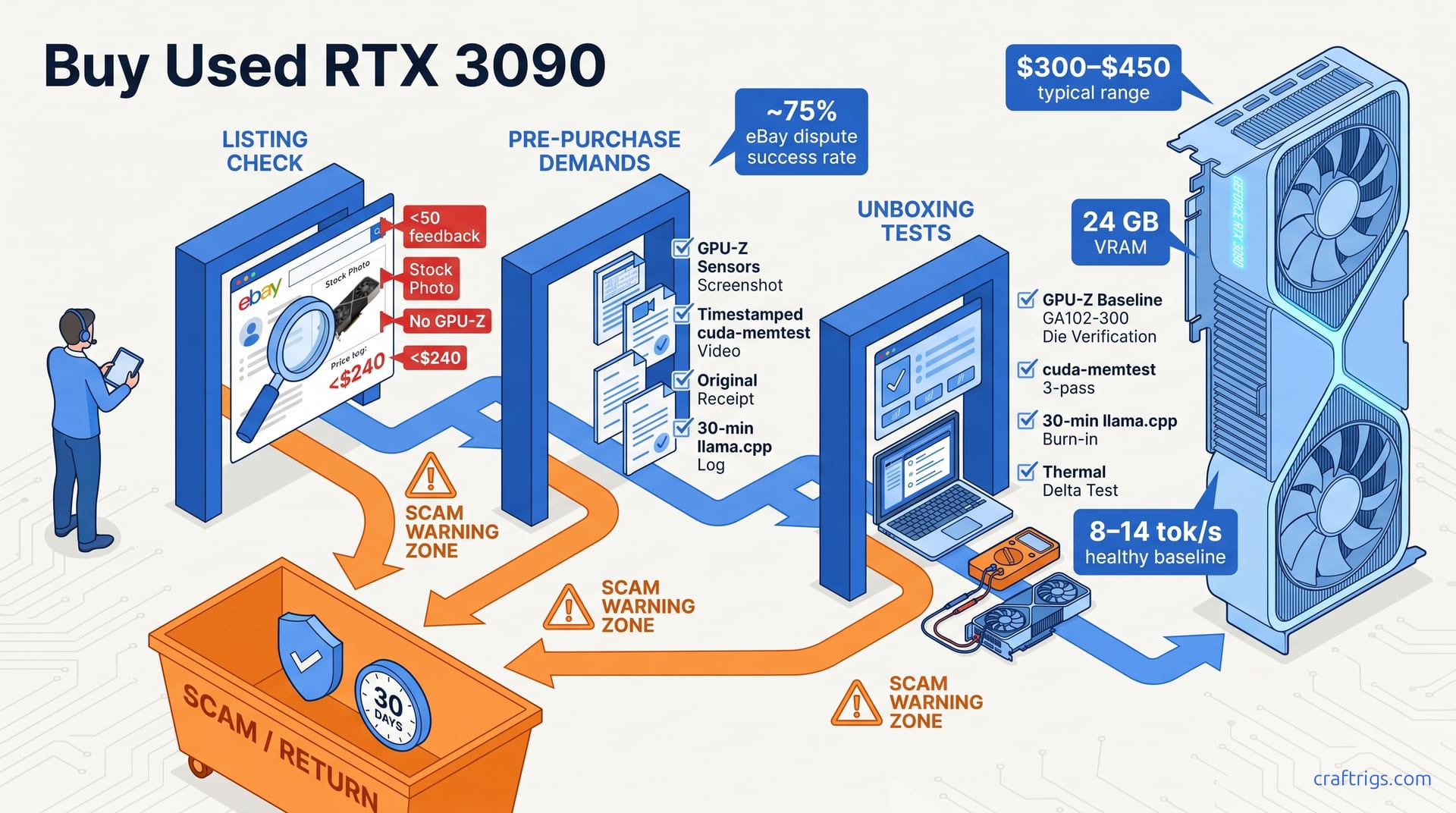 Used RTX 3090 scams: 4 red flags + eBay escape plan — diagram
