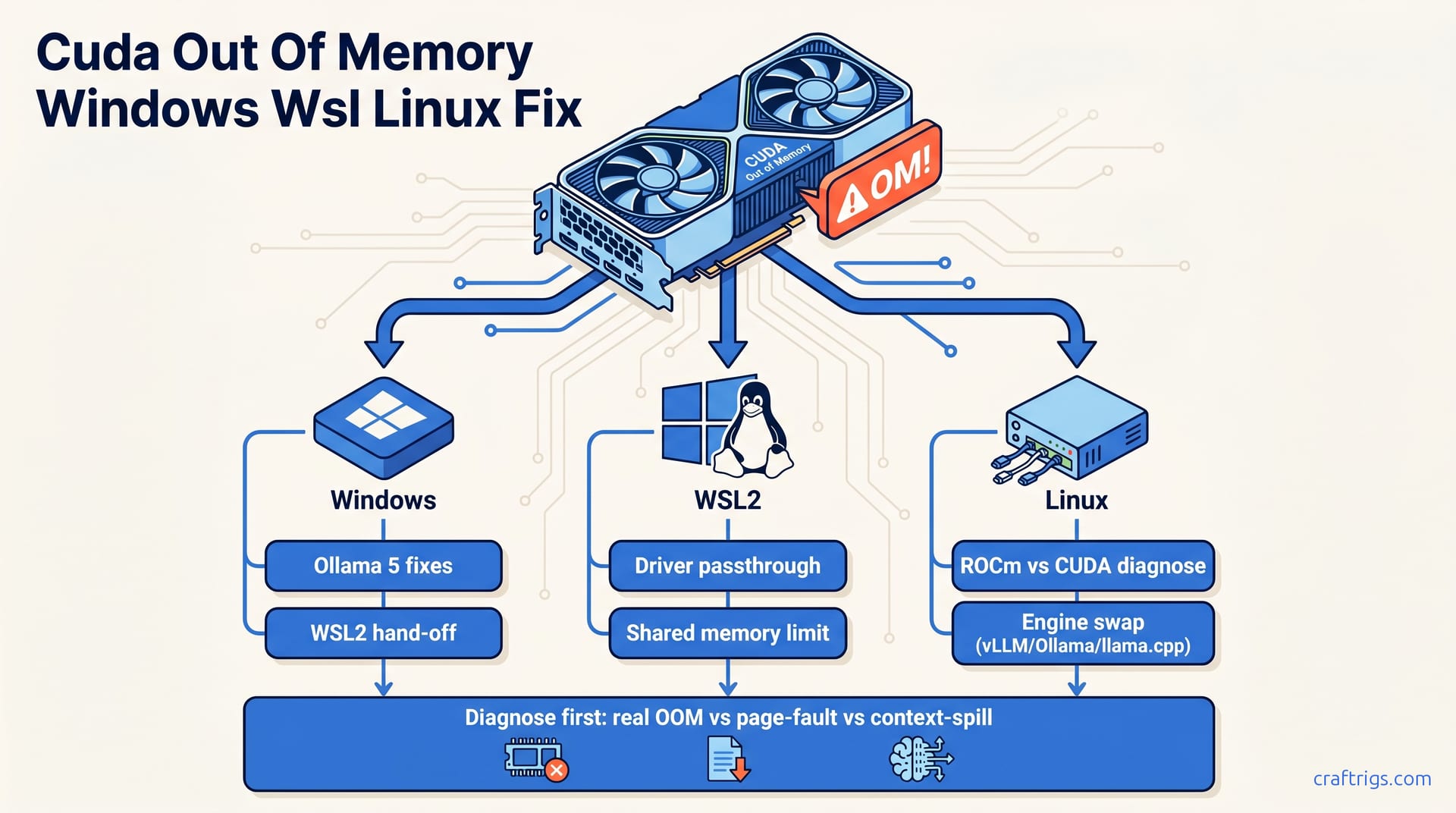CUDA out-of-memory decision tree branching into Windows, WSL2, and Linux lanes, with platform-specific fix pills under each lane and a 'diagnose first' bar.