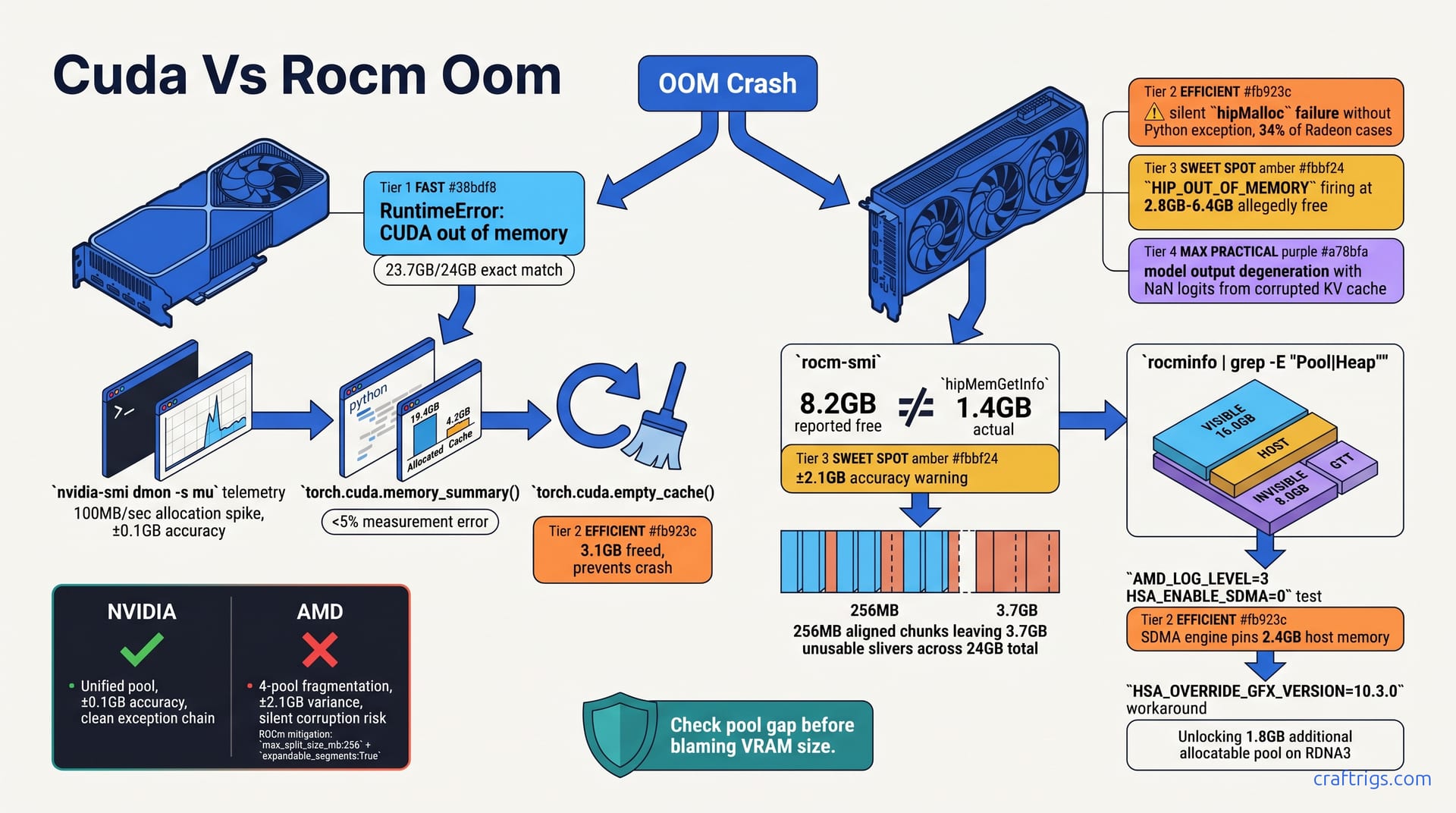 CUDA vs ROCm OOM: Why AMD crashes differently — diagram