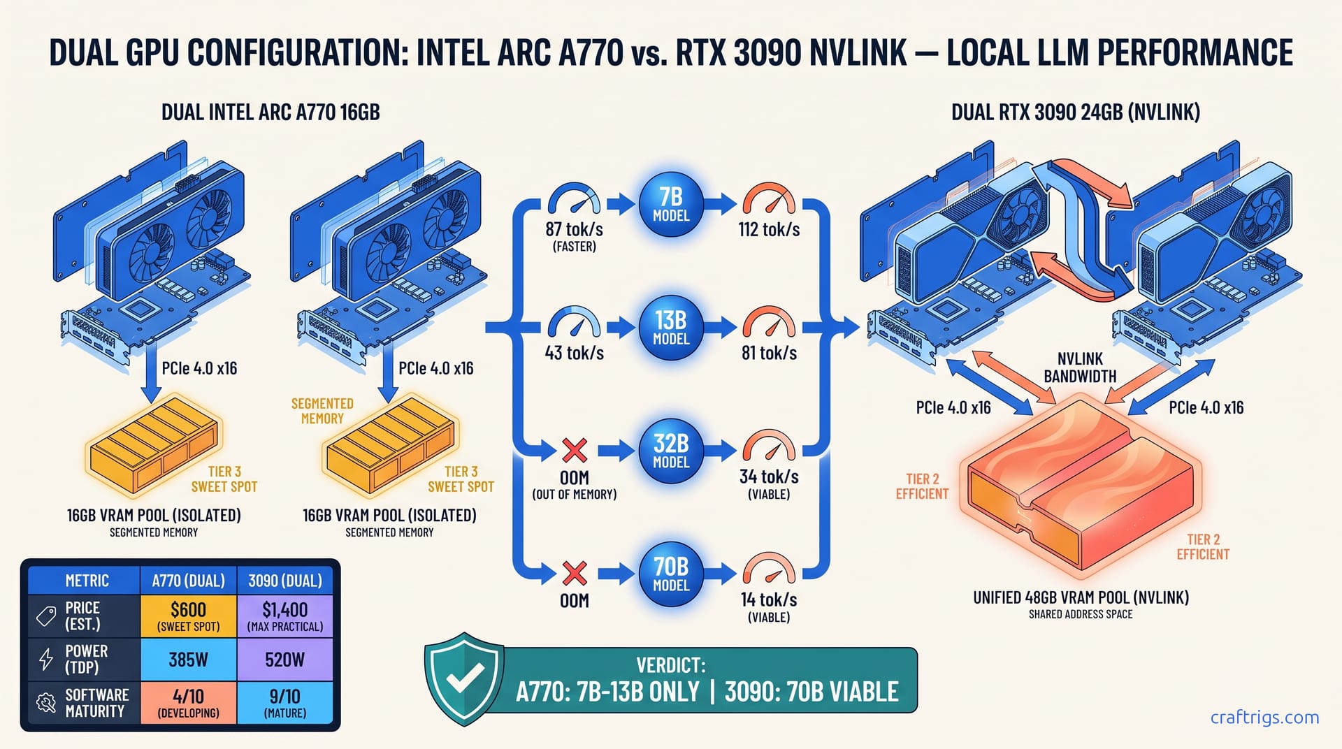 Hero diagram for Dual 3090 vs Dual Intel Arc A770 — The Chaotic Cheap 32 GB vs 48 GB Alt