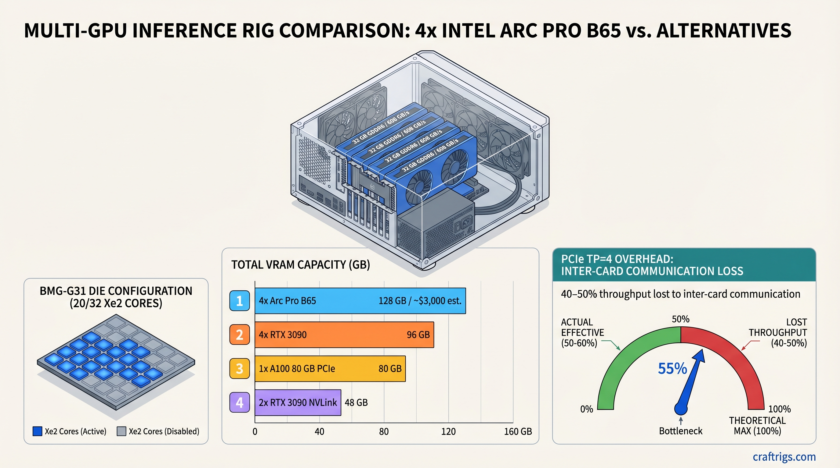 Intel Arc Pro B65 32GB 4x multi-GPU inference rig diagram — 128GB VRAM comparison