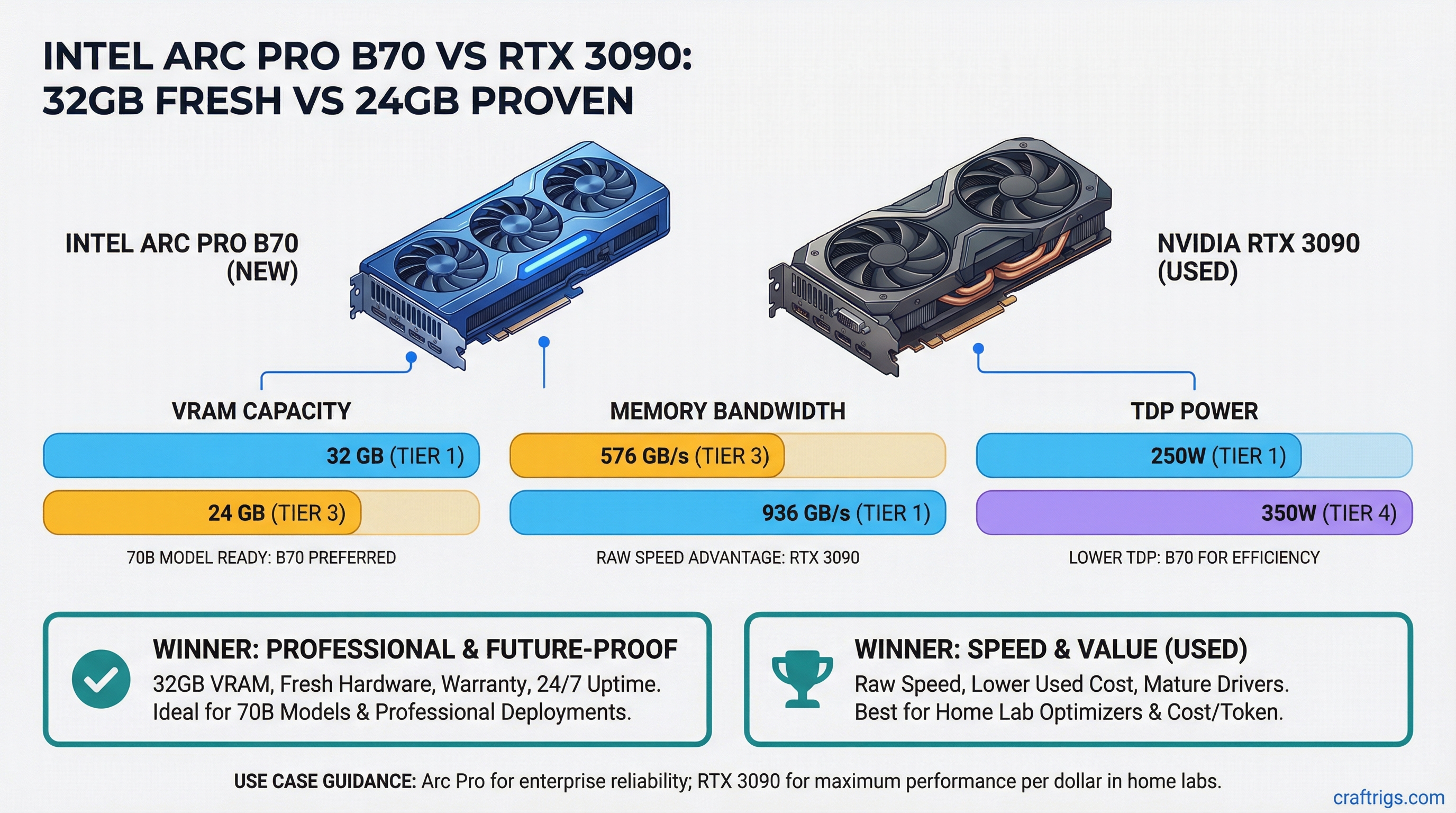 Intel Arc Pro B70 vs RTX 3090: 32GB Fresh vs 24GB Proven — comparison diagram