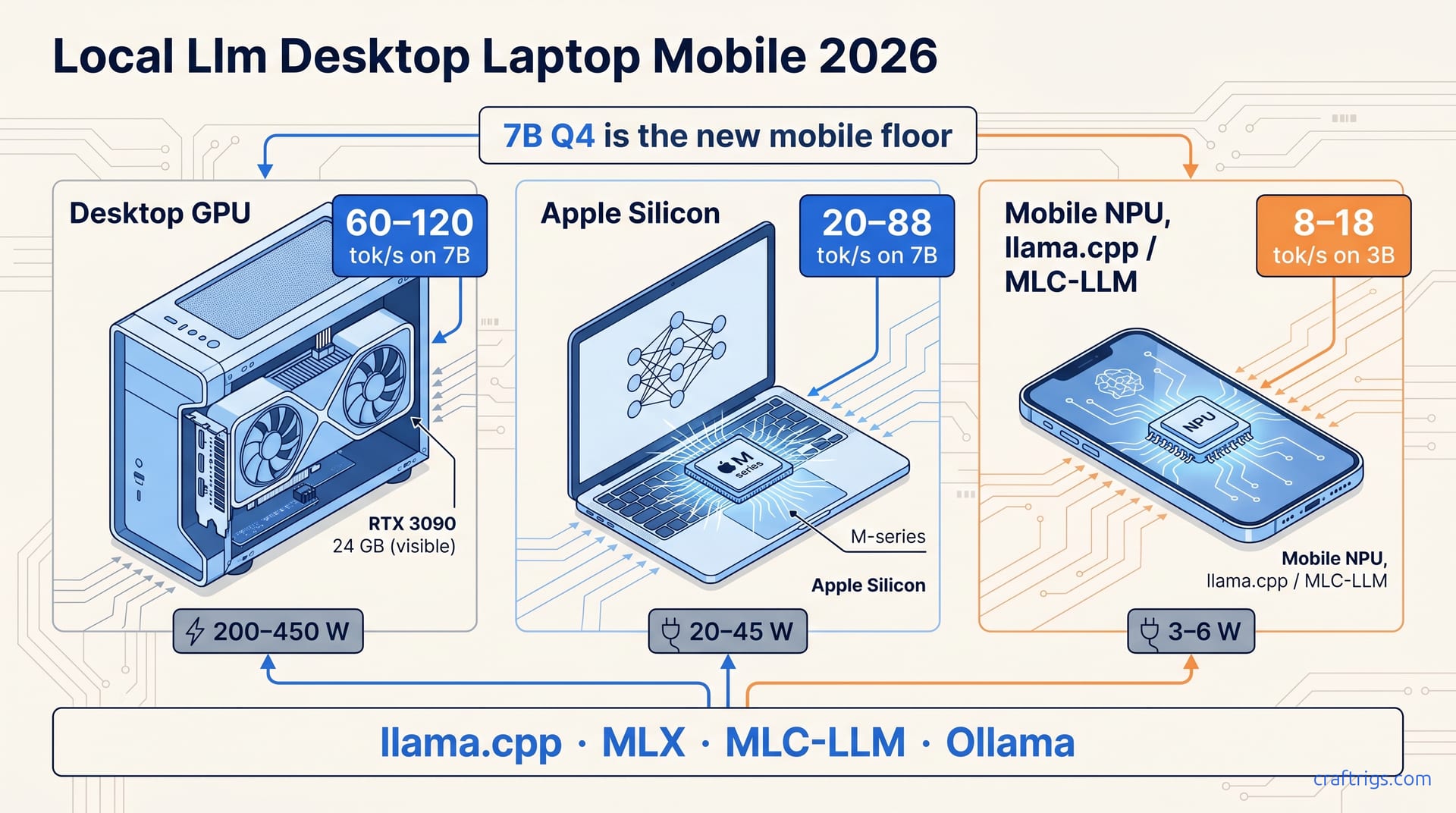 Three tiers of local LLM inference in 2026 — desktop GPU tower, Apple Silicon laptop, and mobile NPU phone — with throughput and power-draw ranges per tier.