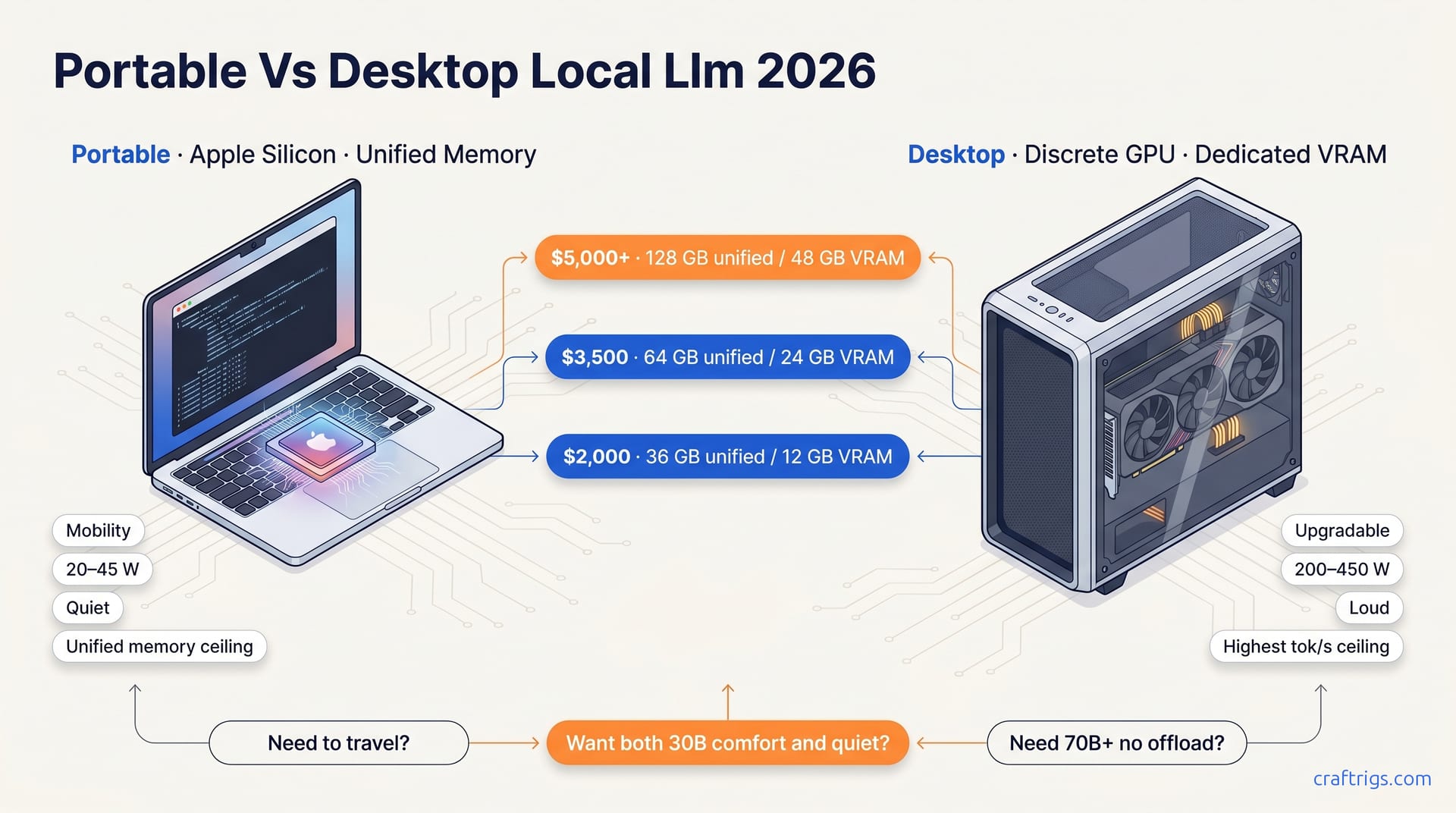 Apple Silicon laptop versus desktop GPU tower with a three-tier price ladder ($2,000 / $3,500 / $5,000+), VRAM and unified-memory ceilings per tier, and trade-off badges.