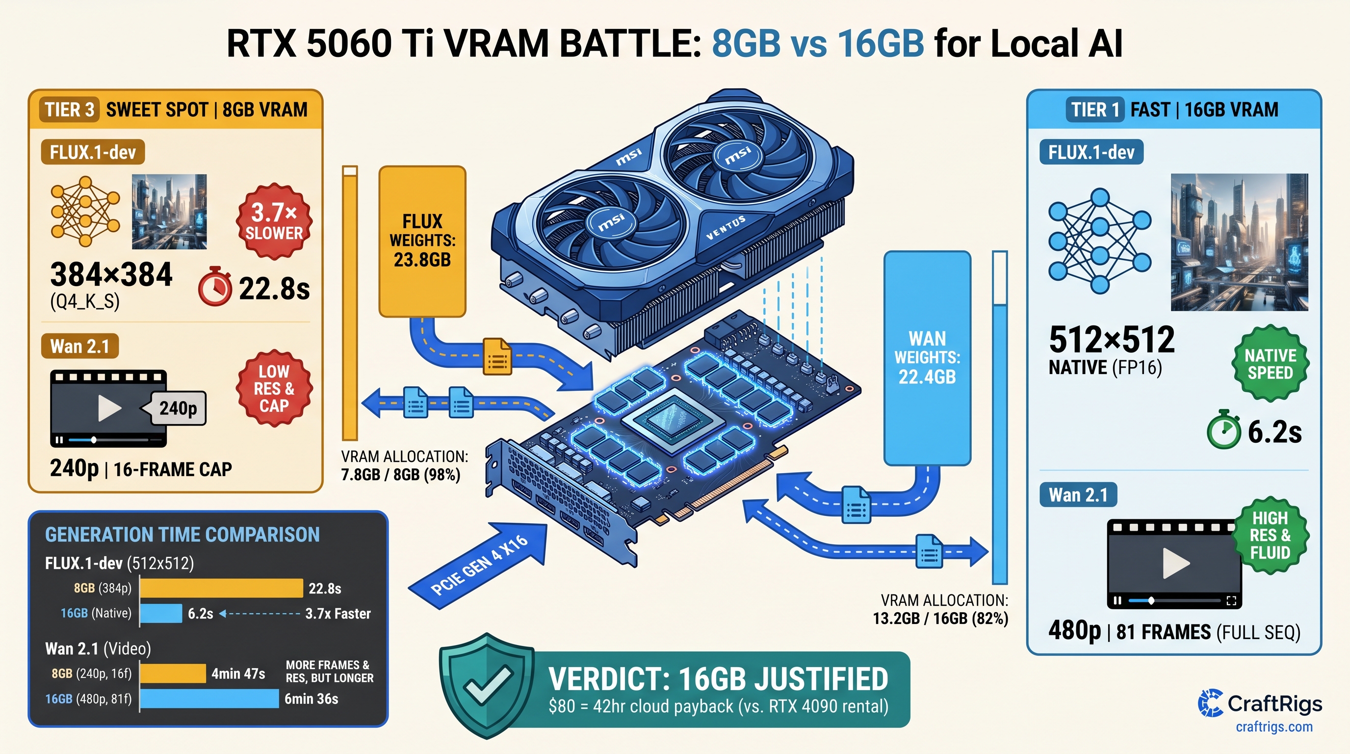 RTX 5060 Ti 8GB vs 16GB for Video Generation: FLUX and Wan 2.1 Change the Math — diagram