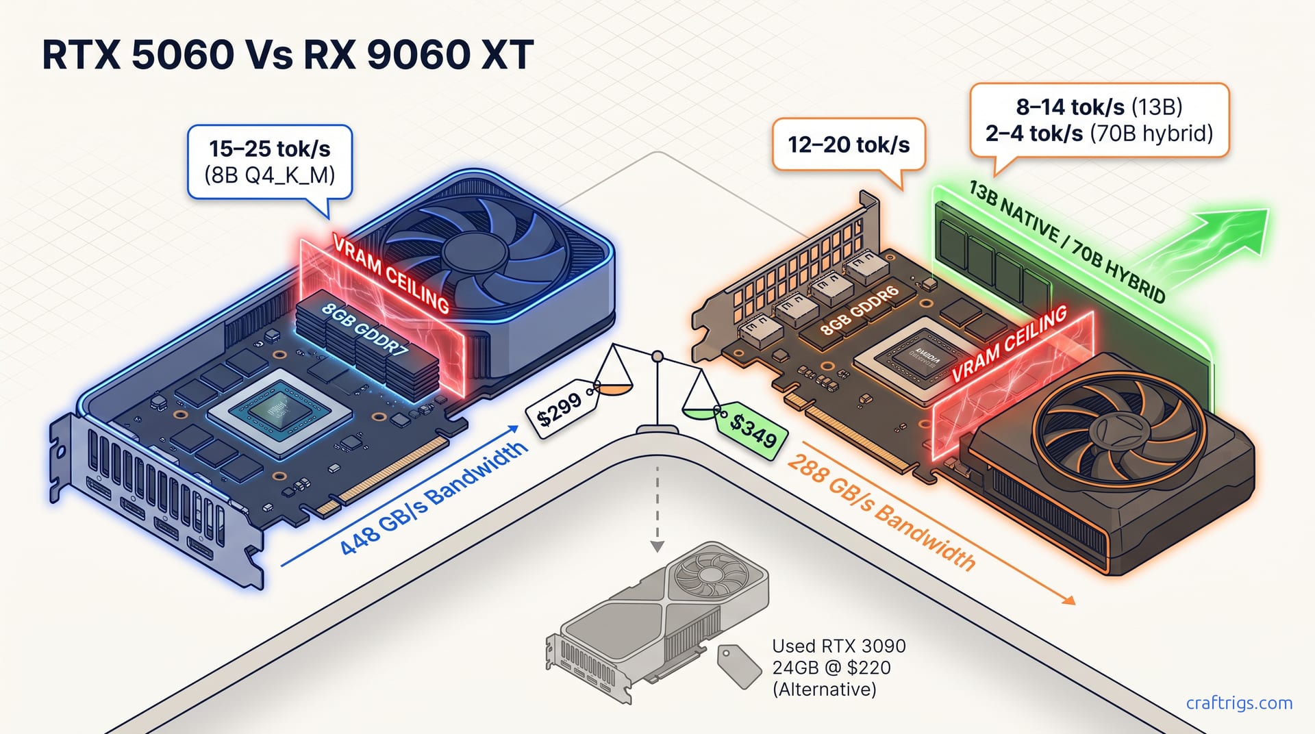 RTX 5060 vs RX 9060 XT: 8GB Trap or 16GB AI Win? — diagram