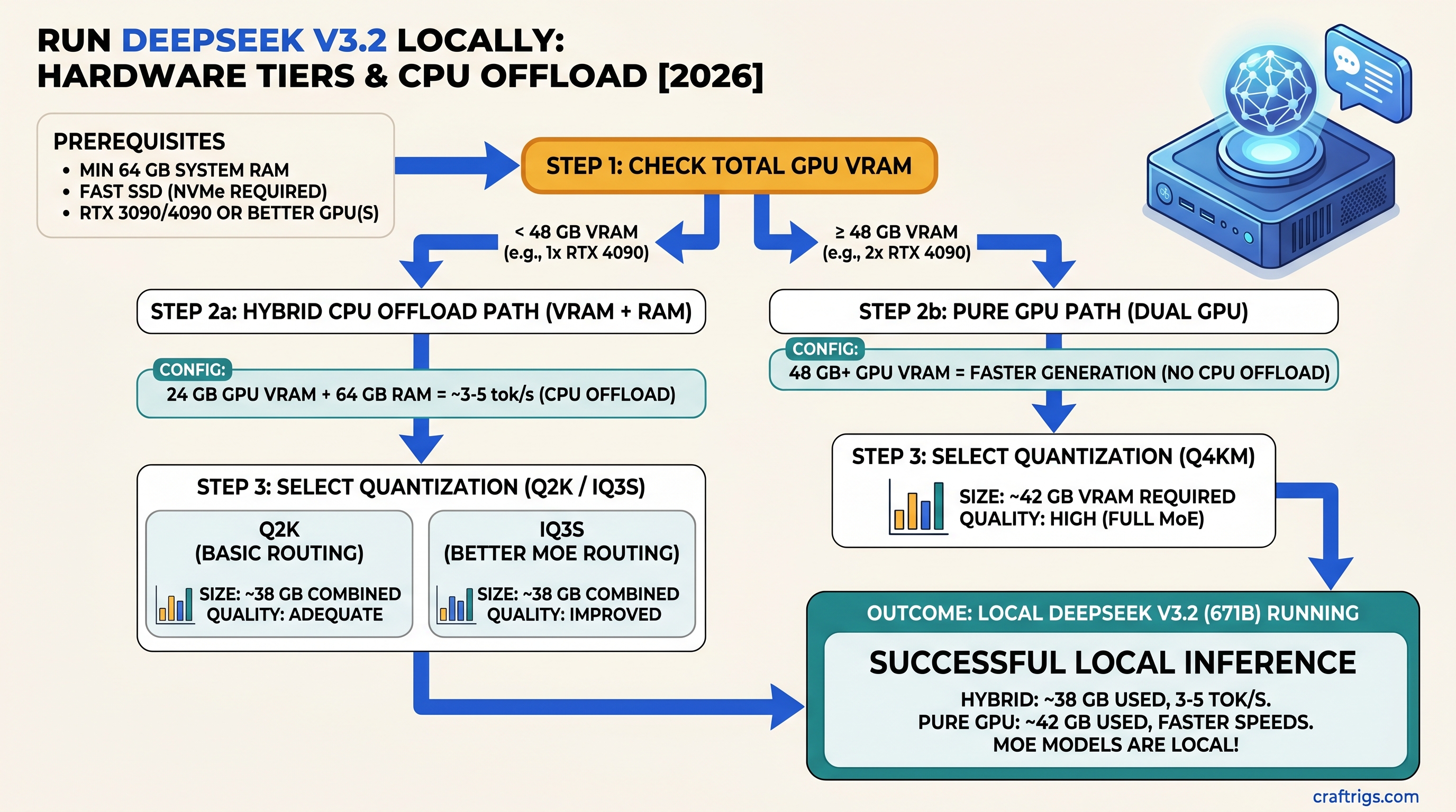 Run DeepSeek V3.2 Locally: Hardware Tiers and CPU Offload [2026]