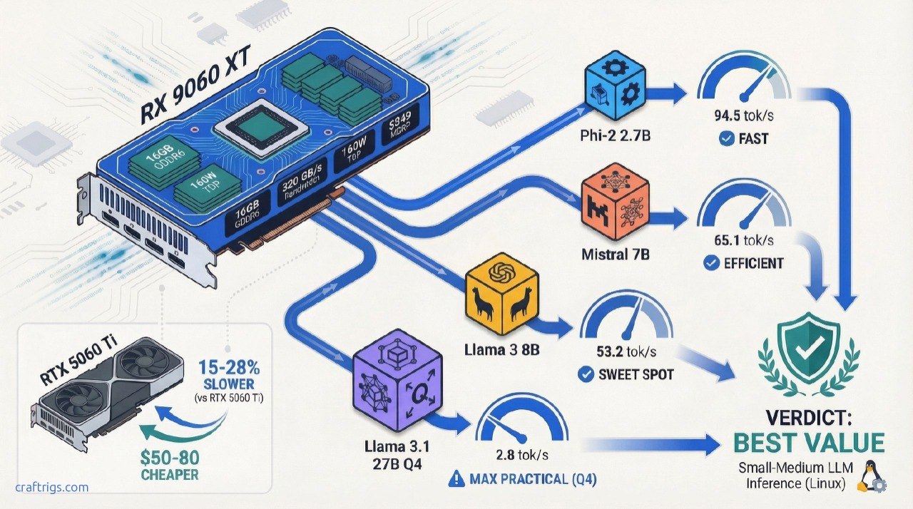 RX 9060 XT 16GB local LLM performance comparison — Phi-2 94.5 tok/s, Mistral 65.1 tok/s, Llama 3 53.2 tok/s, best value verdict vs RTX 5060 Ti