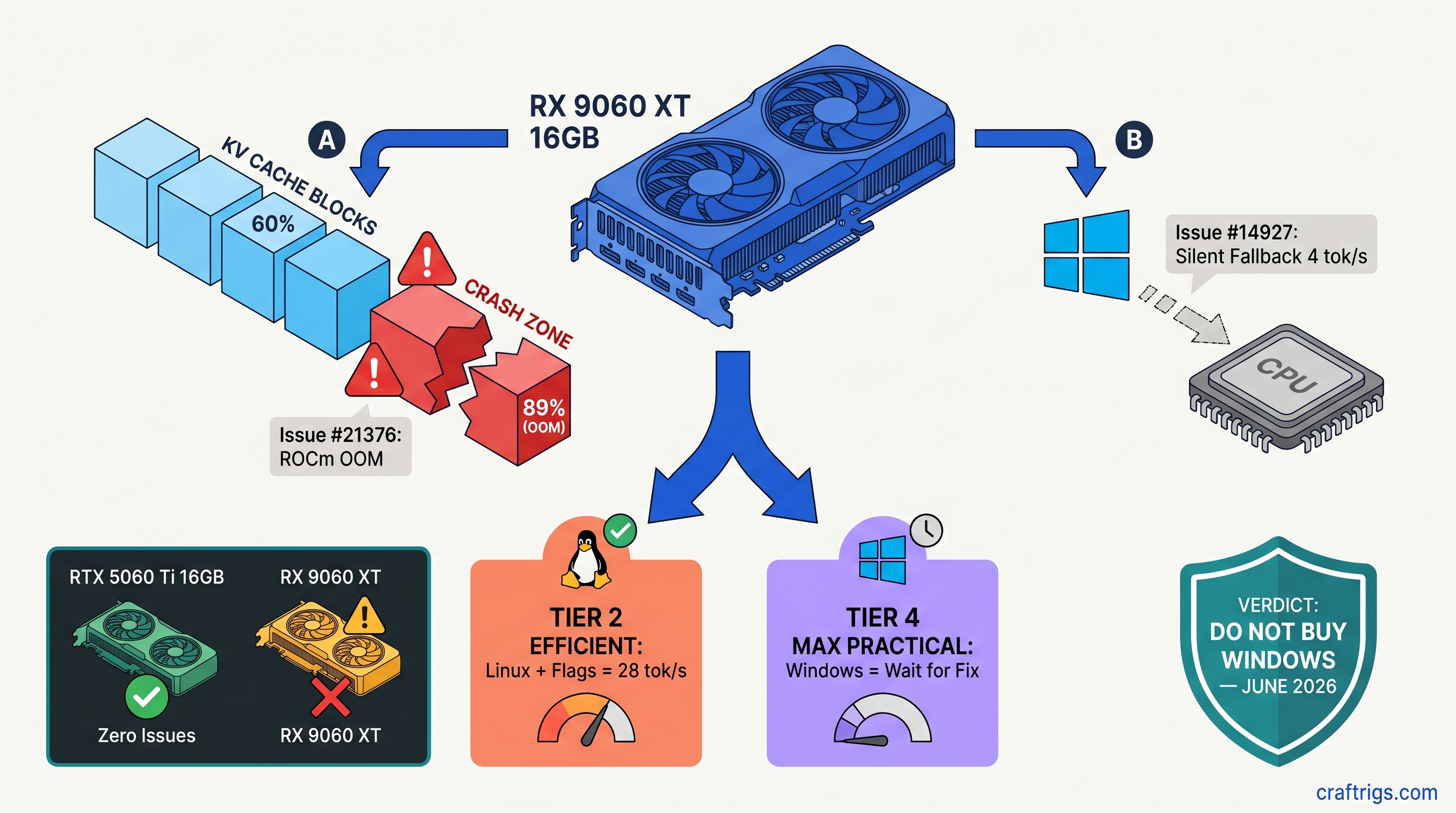RX 9060 XT: Two Active Bugs in llama.cpp and Ollama Before It Ships — diagram